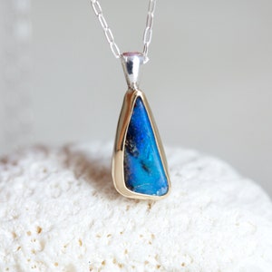 Boulder Opal Pendant, Australian Opal Gold & Silver Pendant, 10K Gold Opal Pendant, Dark Blue Boulder Opal, Organic Triangle Opal Necklace