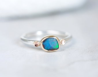 Boulder Opal Ring, Australian Opal Gold & Silver Ring, 10K Gold Opal Ring, Blue Green Flash Opal, Organic Free Form, Solid Opal Mermaid Ring