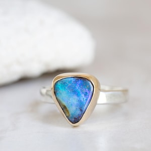 Boulder Opal Ring, Australian Opal Gold & Silver Ring, 14K Gold Blue Green Purple Opal, Opal Mermaid Ring