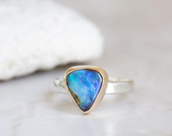 Boulder Opal Ring, Australian Opal Gold & Silver Ring, 14K Gold Blue Green Purple Opal, Opal Mermaid Ring
