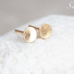 14K Gold Stud Earrings, 14K Hammered Round Studs, Yellow Gold Disc Earrings, Ultra Thin, Round, Organic 14K Gold Studs in 3mm, 4.8mm, & 6mm image 8