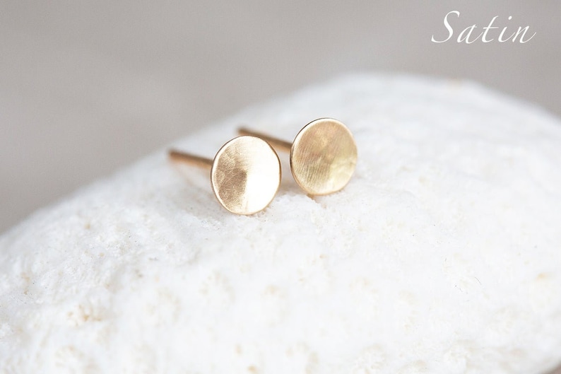 14K Gold Stud Earrings, 14K Hammered Round Studs, Yellow Gold Disc Earrings, Ultra Thin, Round, Organic 14K Gold Studs in 3mm, 4.8mm, & 6mm image 8