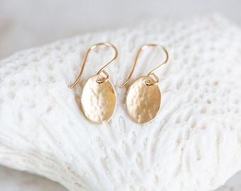 Gold Oval Earrings, Gold Dangle Earrings, Oval Earrings, Hammered Brass Earrings, Dainty Dangle Earrings, Petal Earrings, Gold Matte Earring