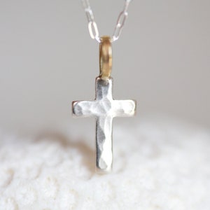 Silver Gold Cross, Small Cross Pendant, Hammered Silver Cross, 14K Solid Gold & Pure Fine Silver Cross, Christian, Religious Gift Necklace