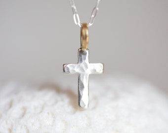 Silver Gold Cross, Small Cross Pendant, Hammered Silver Cross, 14K Solid Gold & Pure Fine Silver Cross, Christian, Religious Gift Necklace