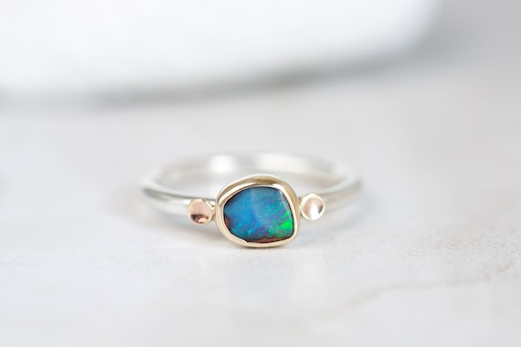 Boulder Opal Ring, Australian Opal Gold Silver Ring, 10K Gold
