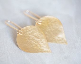 Gold Leaf Earrings, Hammered Brass Earrings, Hammered Gold Earrings, Gold Satin Earrings, Organic Leaf and Pear & 14K Gold Fill Dangles