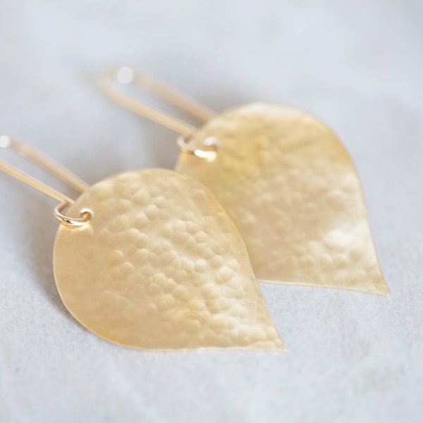 Gold Leaf Earrings, Hammered Brass Earrings, Hammered Gold Earrings, Gold Satin Earrings, Organic Leaf and Pear & 14K Gold Fill Dangles