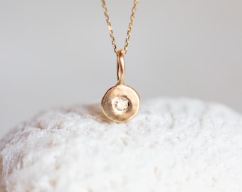 Diamond Pendant, Champagne Diamond Pendant, 10K Gold Diamond Solitaire Pendant, Gold Layering Necklace, Very Small, Tiny Gold Disc Charm