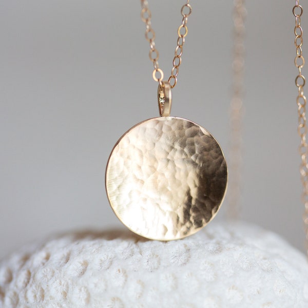 Gold Round Pendant, 14K Hammered Disc Necklace, Gold Circle Pendant, Large Solid 14K Gold Reversible Pendant, Gold Gift Round Disc Pendant