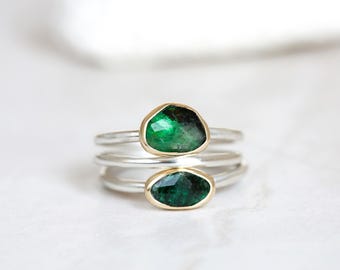 Emerald Ring, Set of Emerald Stacking Rings, 10K Gold and Silver Emerald Rings, Rose Cut Emerald Stacking Set, One of a Kind Emerald Ring