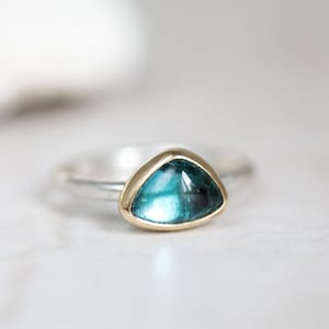 Tourmaline Ring, Blue Green Tourmaline Ring, 10K Gold & Silver Tourmaline Ring, Indicolite Tourmaline, Mermaid Ring, Organic Tourmaline Ring