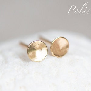 14K Gold Stud Earrings, 14K Hammered Round Studs, Yellow Gold Disc Earrings, Ultra Thin, Round, Organic 14K Gold Studs in 3mm, 4.8mm, & 6mm image 9