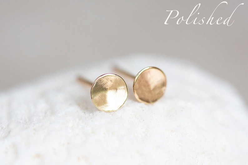 14K Gold Stud Earrings, 14K Hammered Round Studs, Yellow Gold Disc Earrings, Ultra Thin, Round, Organic 14K Gold Studs in 3mm, 4.8mm, & 6mm image 9