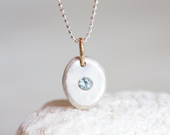 Aquamarine Pendant, Silver Aquamarine Necklace, 14K Gold & Silver Aquamarine Pendant, Mixed Metal, Round Brilliant Cut Aquamarine Pendant,