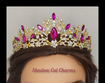 Baroque Crystal Tiara, Pink and Gold Tiara, Quinceanera Crown, Bridal Tiara, Prom Jewelry