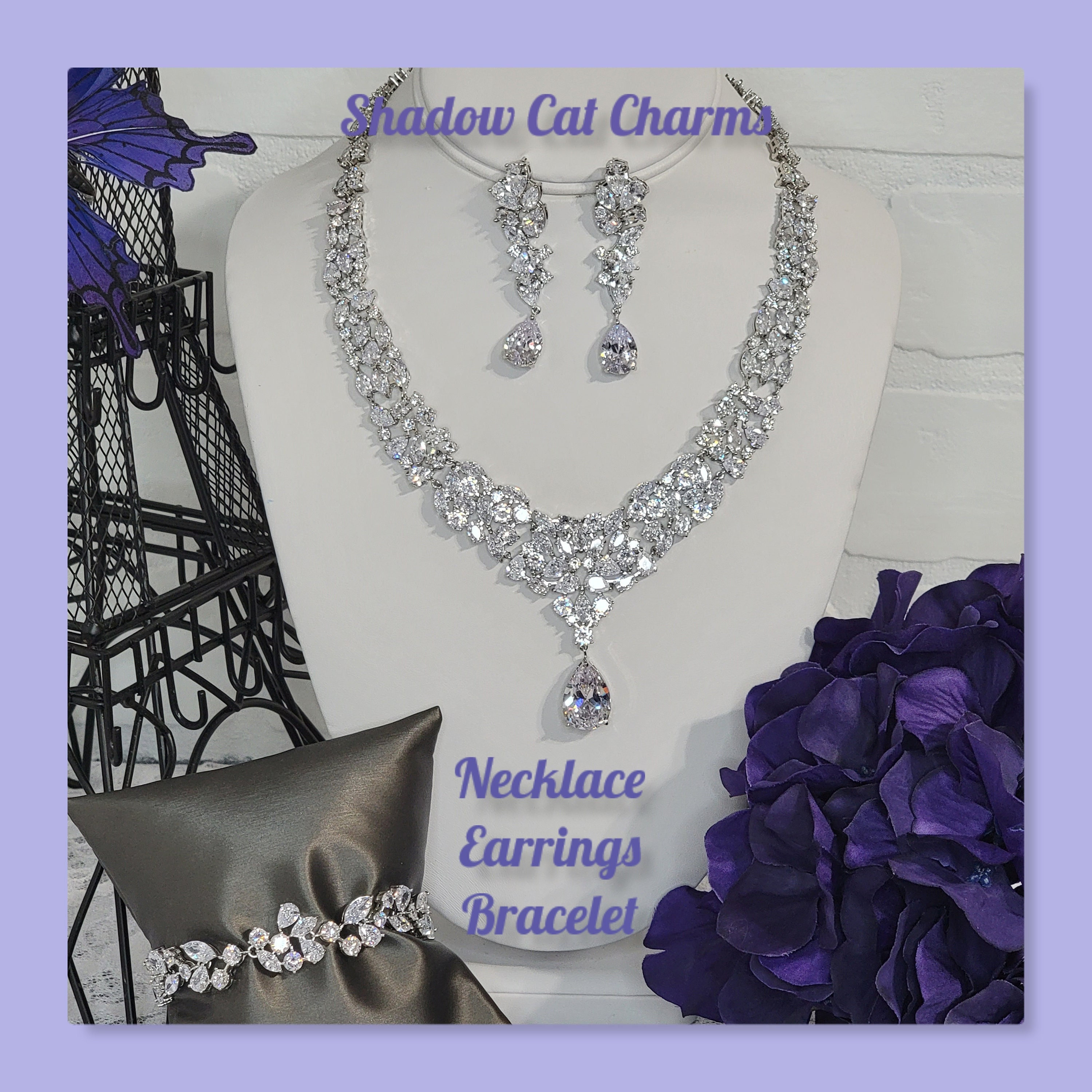 Elegant Wedding Bride Bridesmaid Silver Crystal Necklace Earrings Jewelry Set 