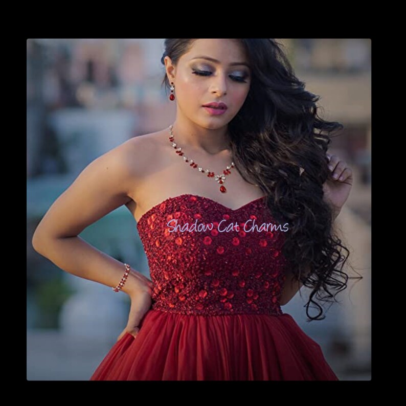 Red Bridal Jewelry Bridal V Shape Necklace Earrings Prom Etsy