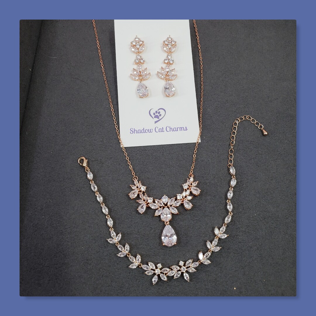 Rose Gold Bridal CZ Jewelry Set Floral Wedding Jewelry Set Etsy