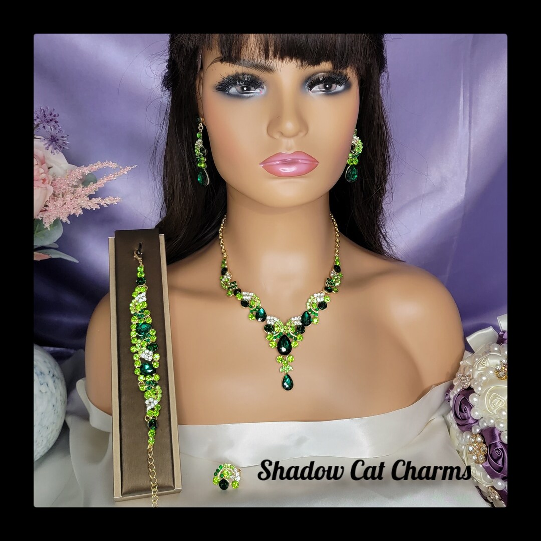 Green Bridal Jewelry, Bridal V Shape Necklace Earrings, Prom Jewelry