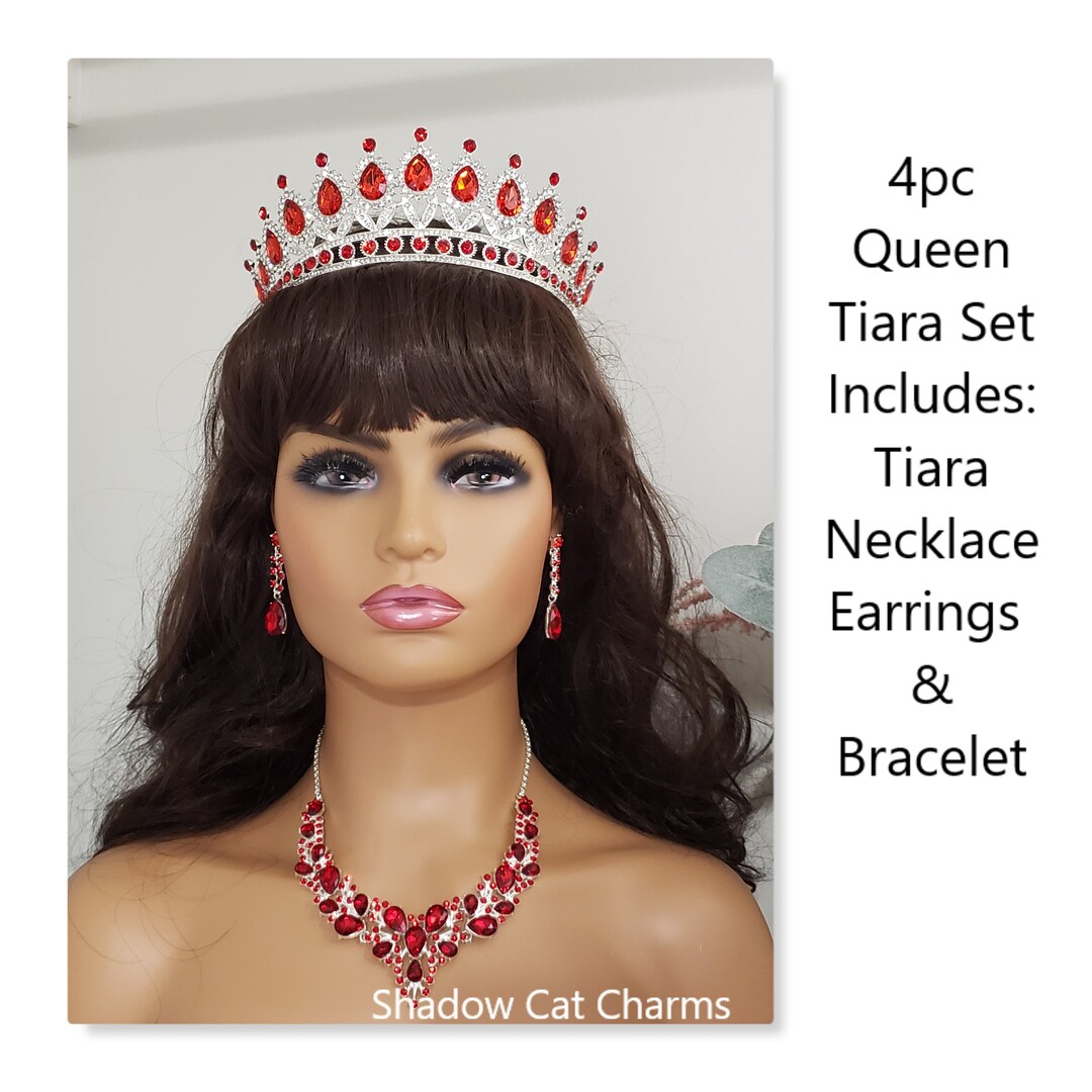 Red Quinceañera Crown Set, Red Tiara Necklace, Earrings, Silver Red