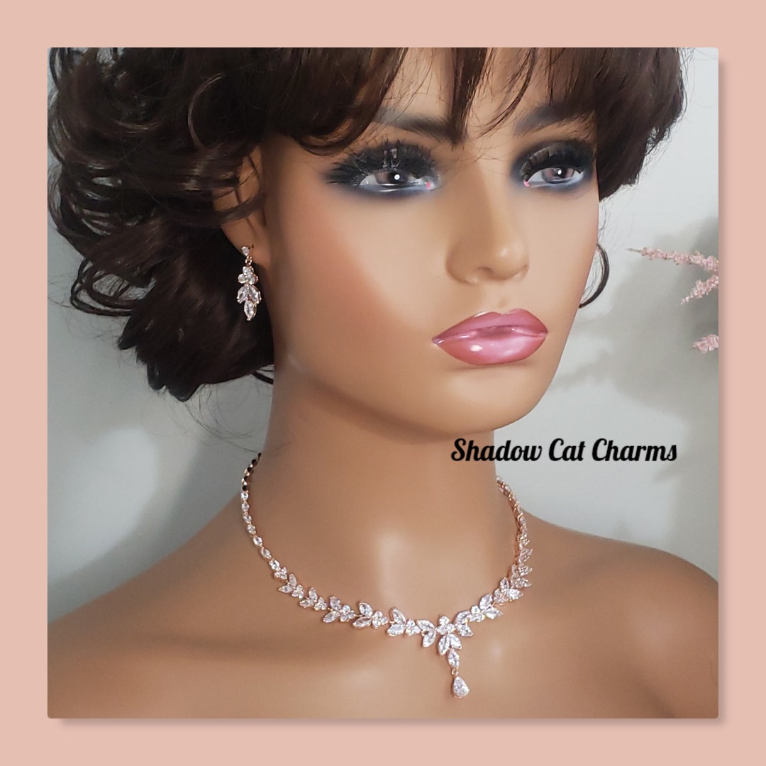 Rose Gold Wedding Jewelry Set for Brides, Teardrop Wedding Earrings and