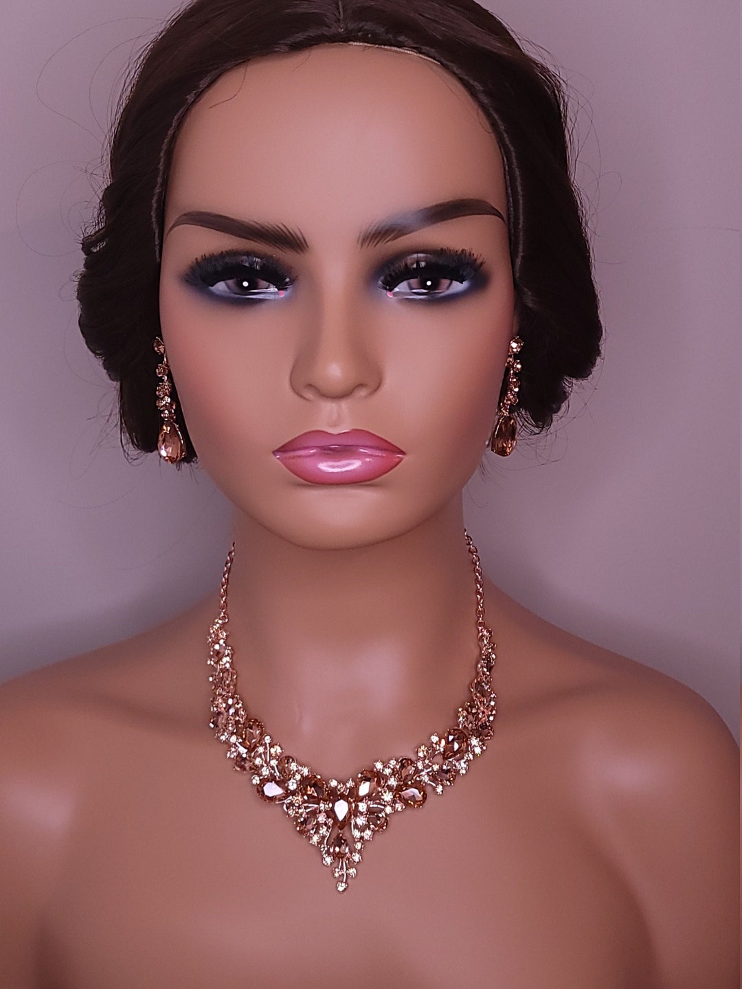 Peach Bridesmaids Jewelry, V Shape Necklace Earrings, Prom Jewelry Set, Rose Gold Peach