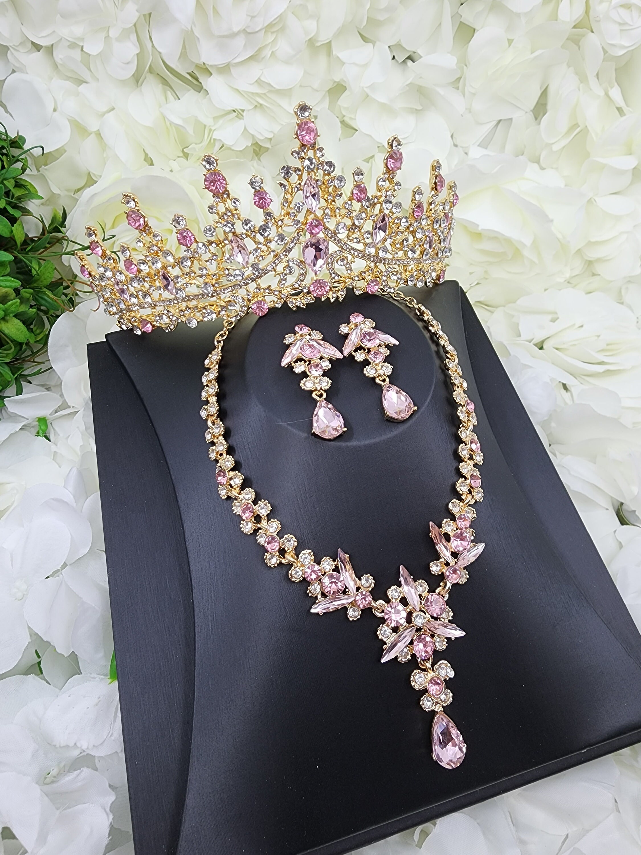 Pink & Gold Rhinestone Crown Tiara Laser Cut XV Quinceañera