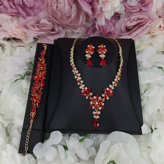 Ruby Red Jewelry Set Bridal Red Necklace and Earrings Red
