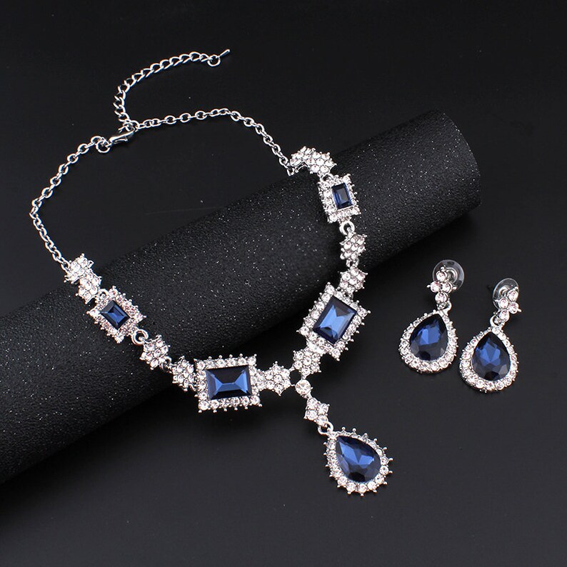 Blue Bridal Necklace Set Silver Wedding Necklace Earrings Etsy