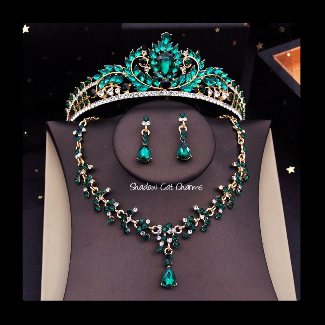 Green Quinceañera Crown Set, Green Necklace Earrings, Green Floral