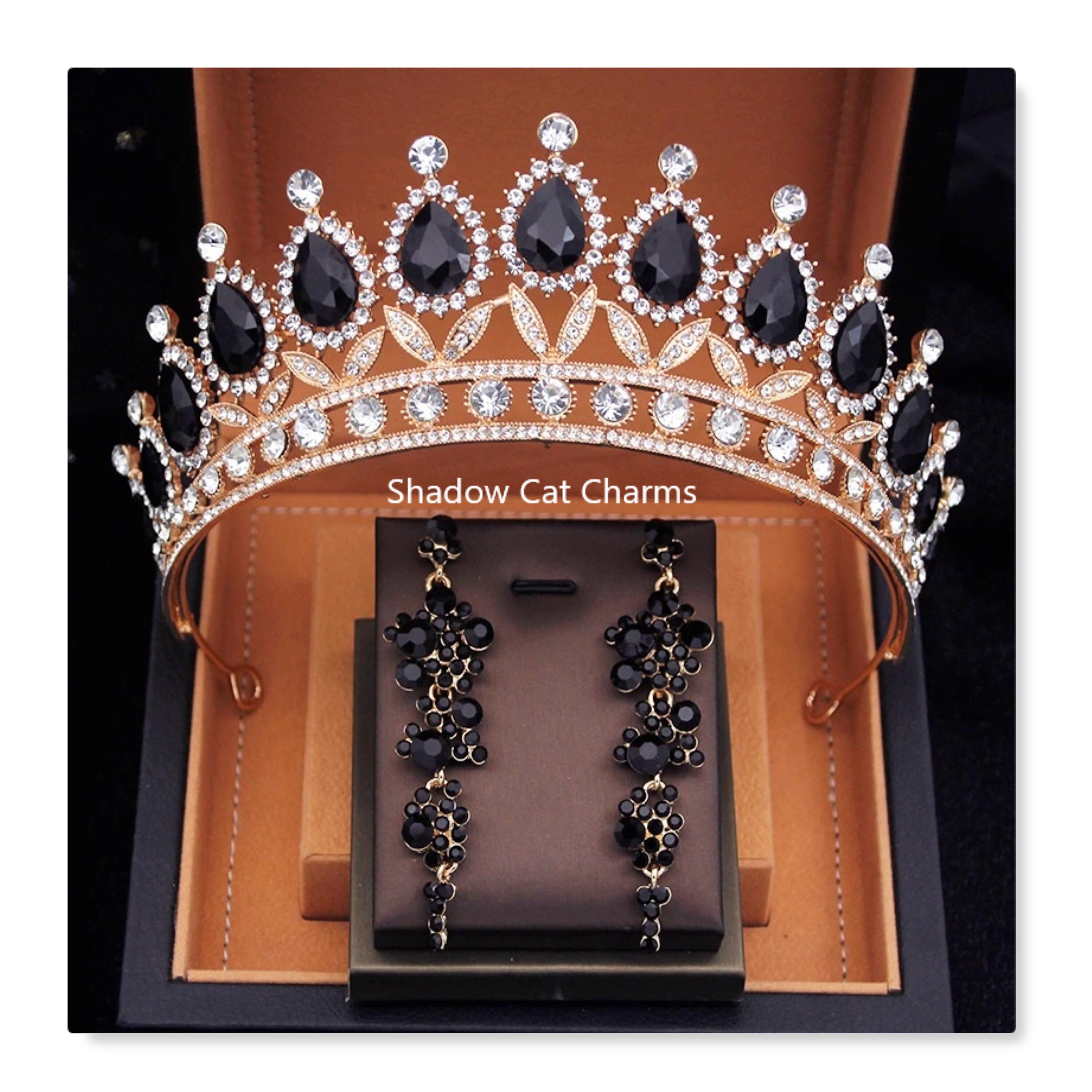 Midnight Blossom Tiara Crown in Gold with Black Gems