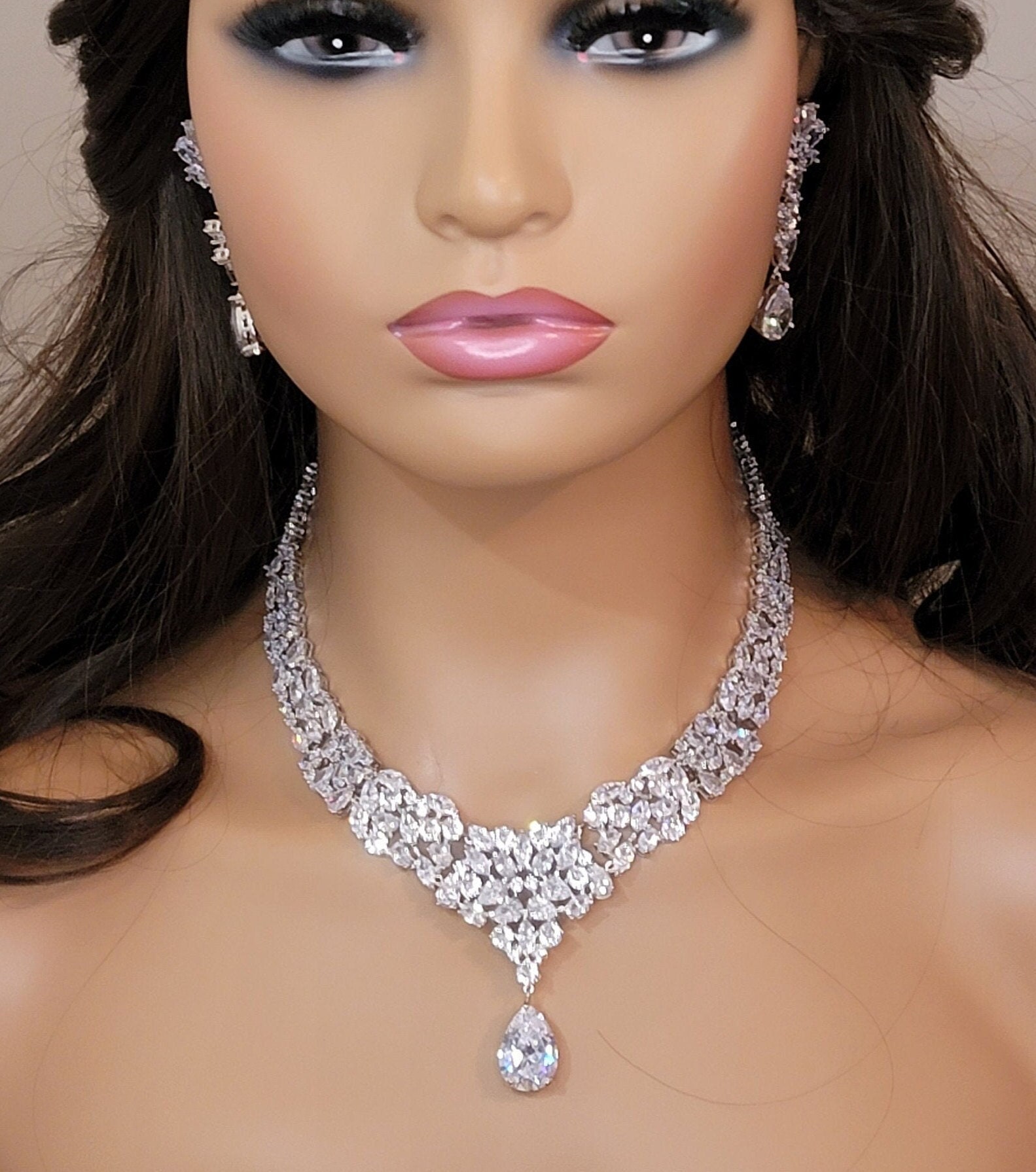 Navy and Clear Rhinestone Floral Prom Necklace Set | Homecoming Necklace  Set | L&M Bling - lmbling