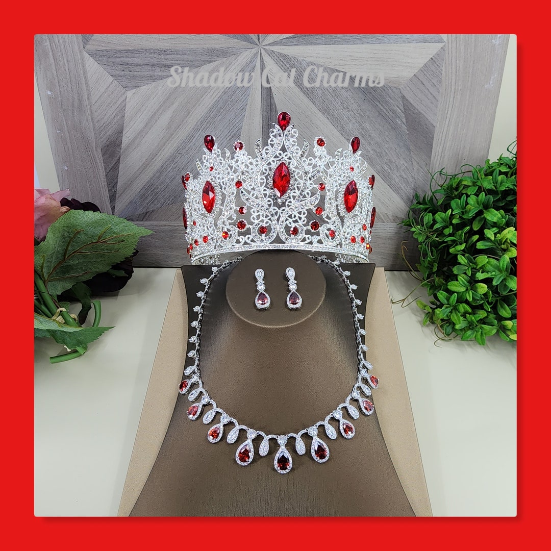 Red Quinceañera Crown Big, Tall Red Tiara Necklace, Earrings, Silver