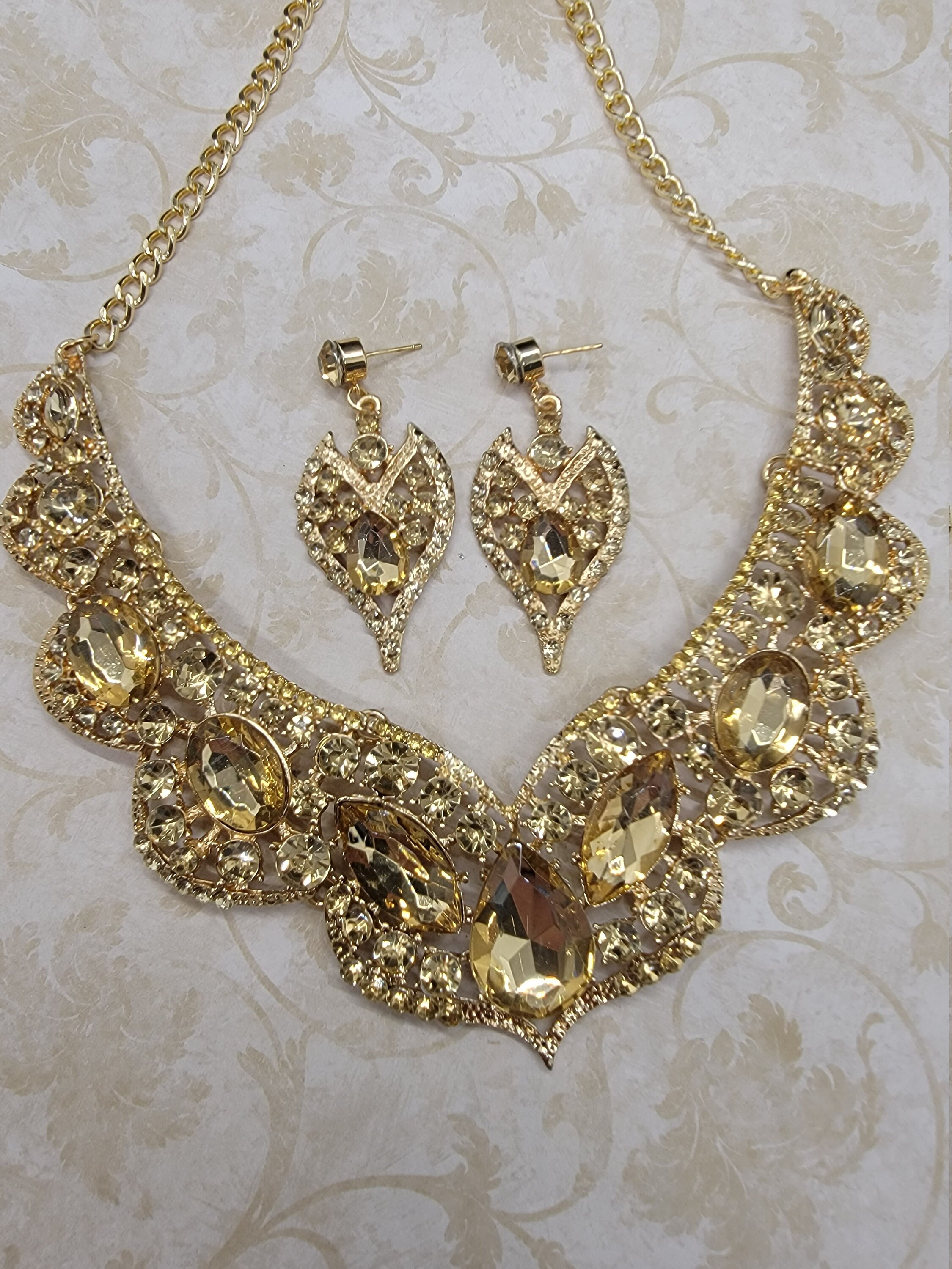 Gold Bridal Jewelry Bridal Gold Crystal Necklace Earrings Etsy