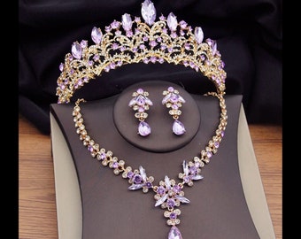 Adora by Simona Wedding Jewelry and Accessories - Purple Crystal 3-Piece Bridal Jewelry Set with Tiara - Available in Silver and Gold Silver Necklace and Earrings Set