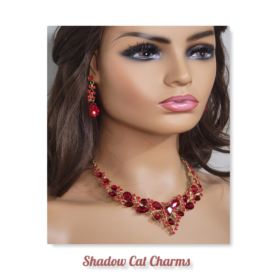 Red Bridal Jewelry Bridal V Shape Necklace Earrings Prom Etsy