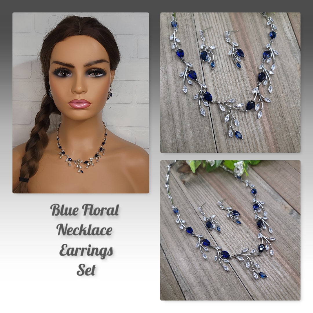 Sapphire Blue Jewelry Set Vine Necklace and Earrings BLUE Wedding Cubic