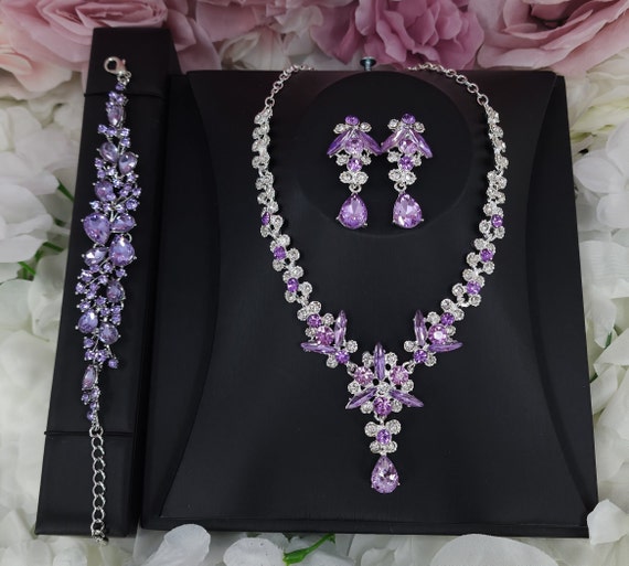 Purple Rose With Silver Vine- 8 Inch - Deity Necklaces and Earring Set -  Radhika Store