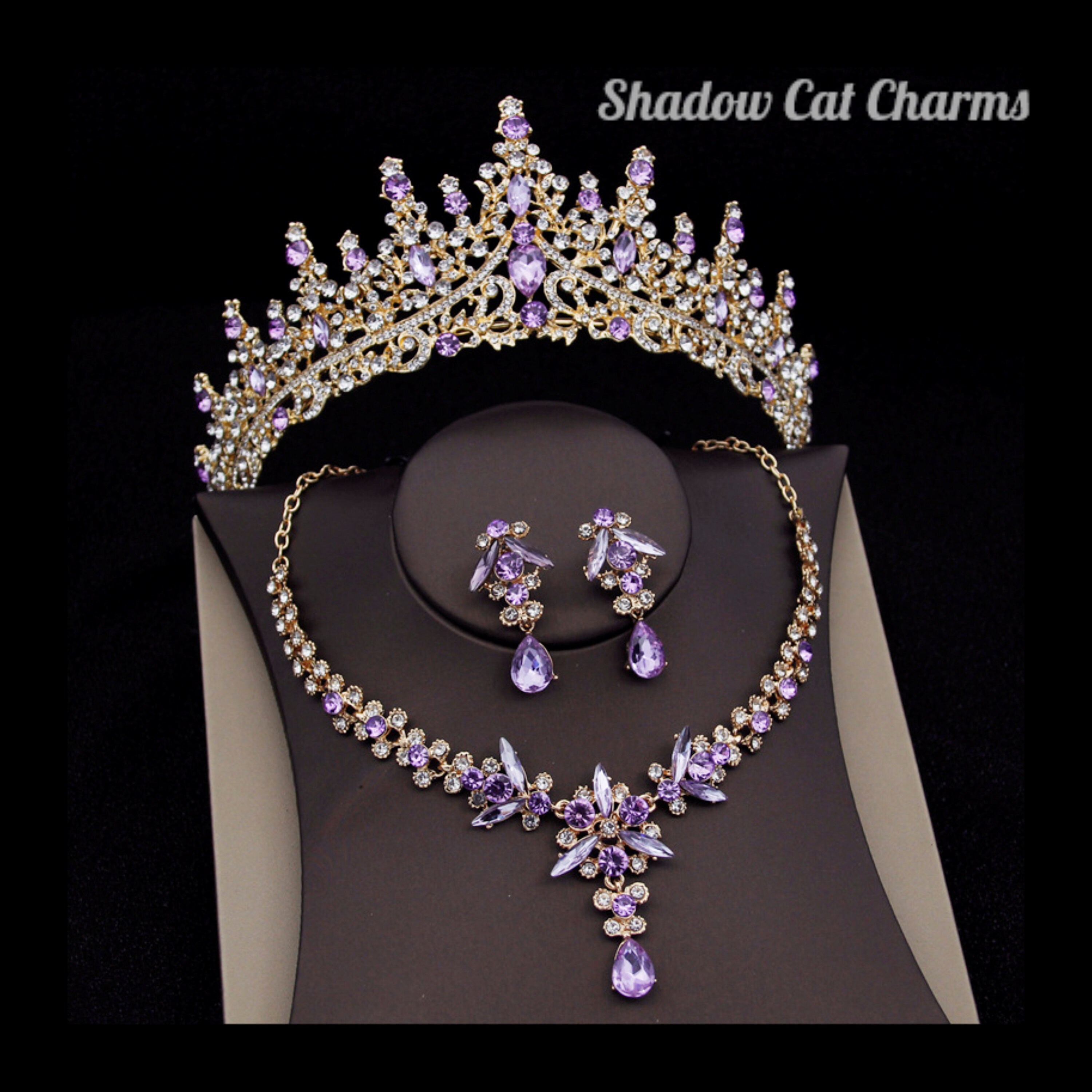 Adora by Simona Wedding Jewelry and Accessories - Purple Crystal 3-Piece Bridal Jewelry Set with Tiara - Available in Silver and Gold Silver Necklace and Earrings Set