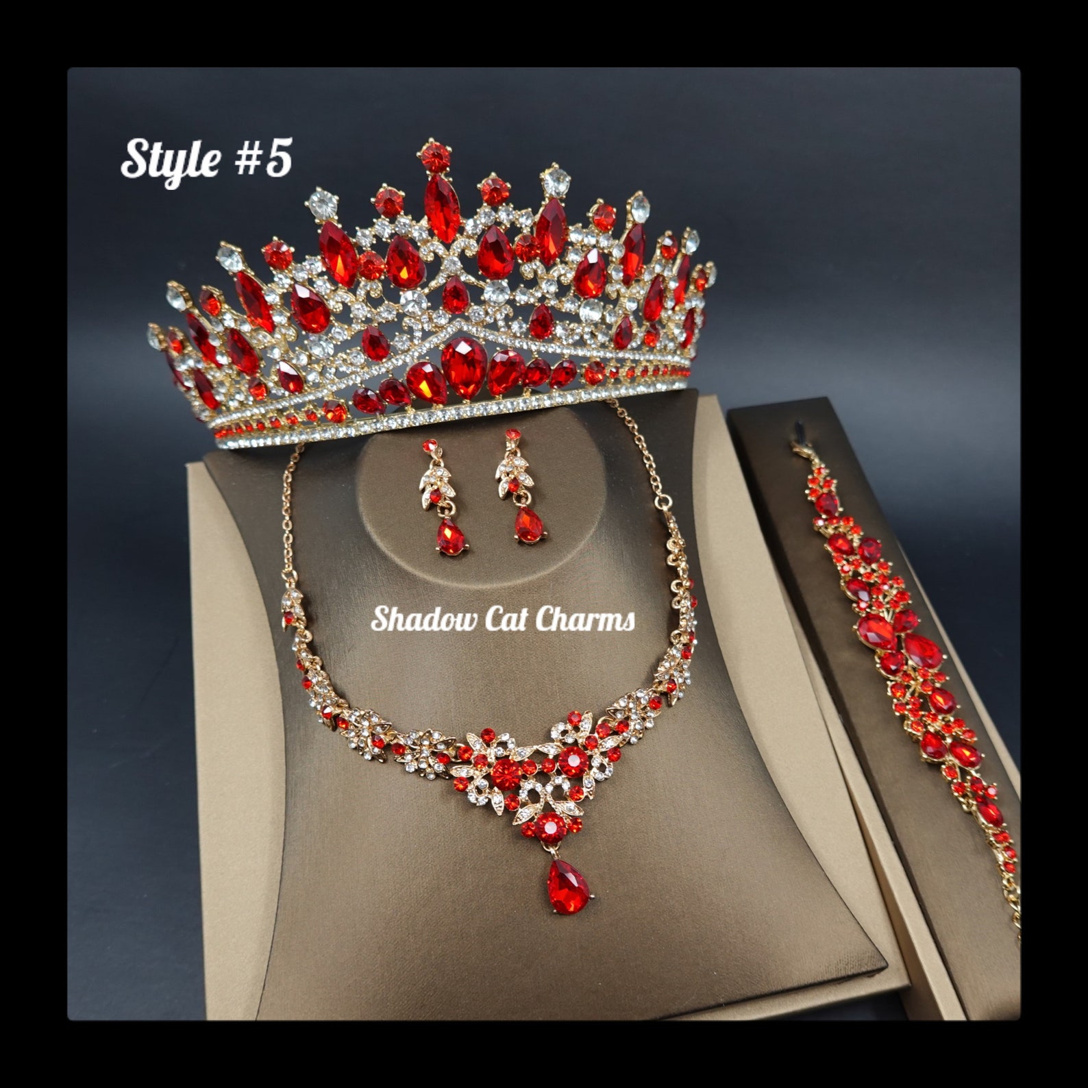 Red Quinceañera Crown Set Red Necklace Earrings Bracelet Etsy
