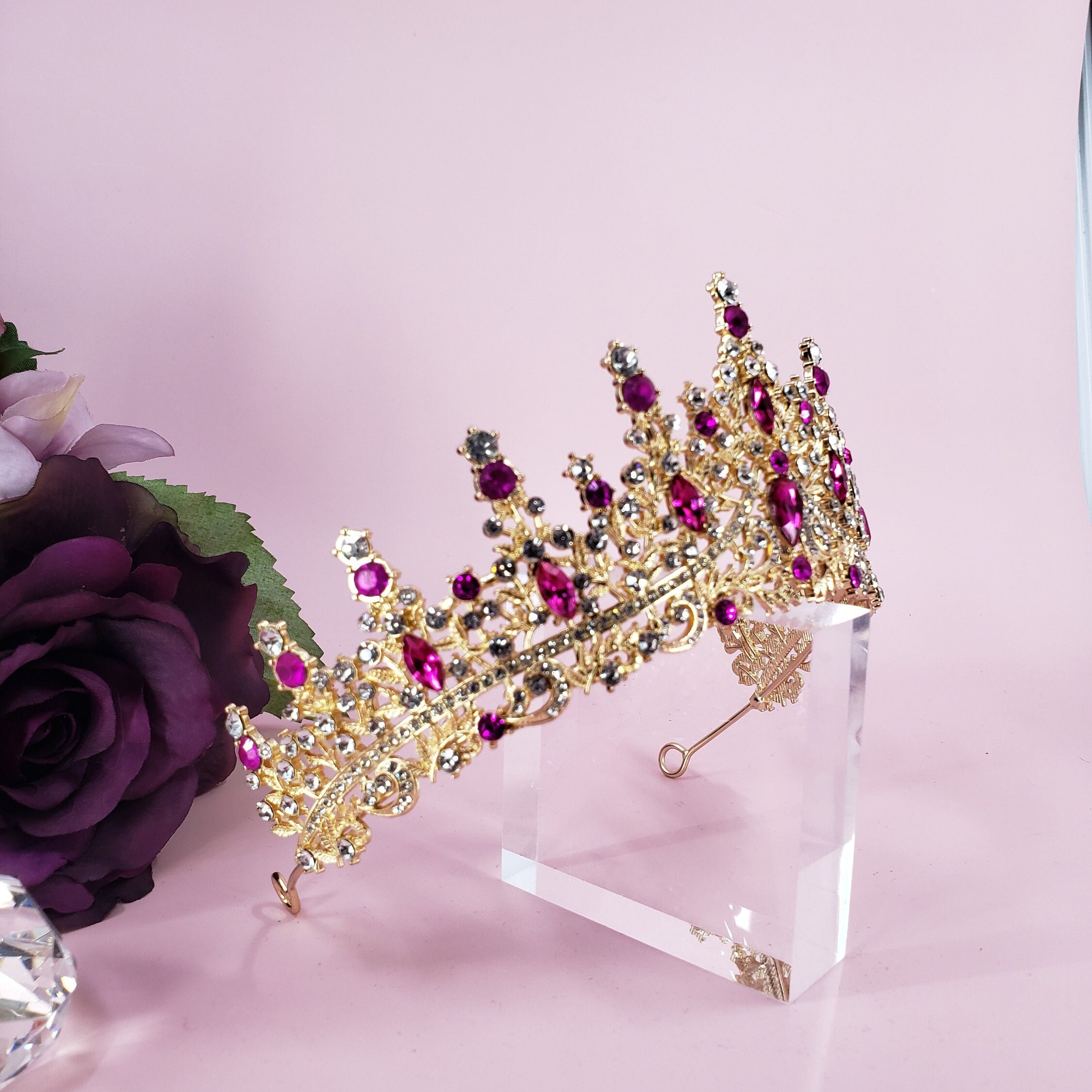 Pink & Gold Rhinestone Crown Tiara Laser Cut XV Quinceañera