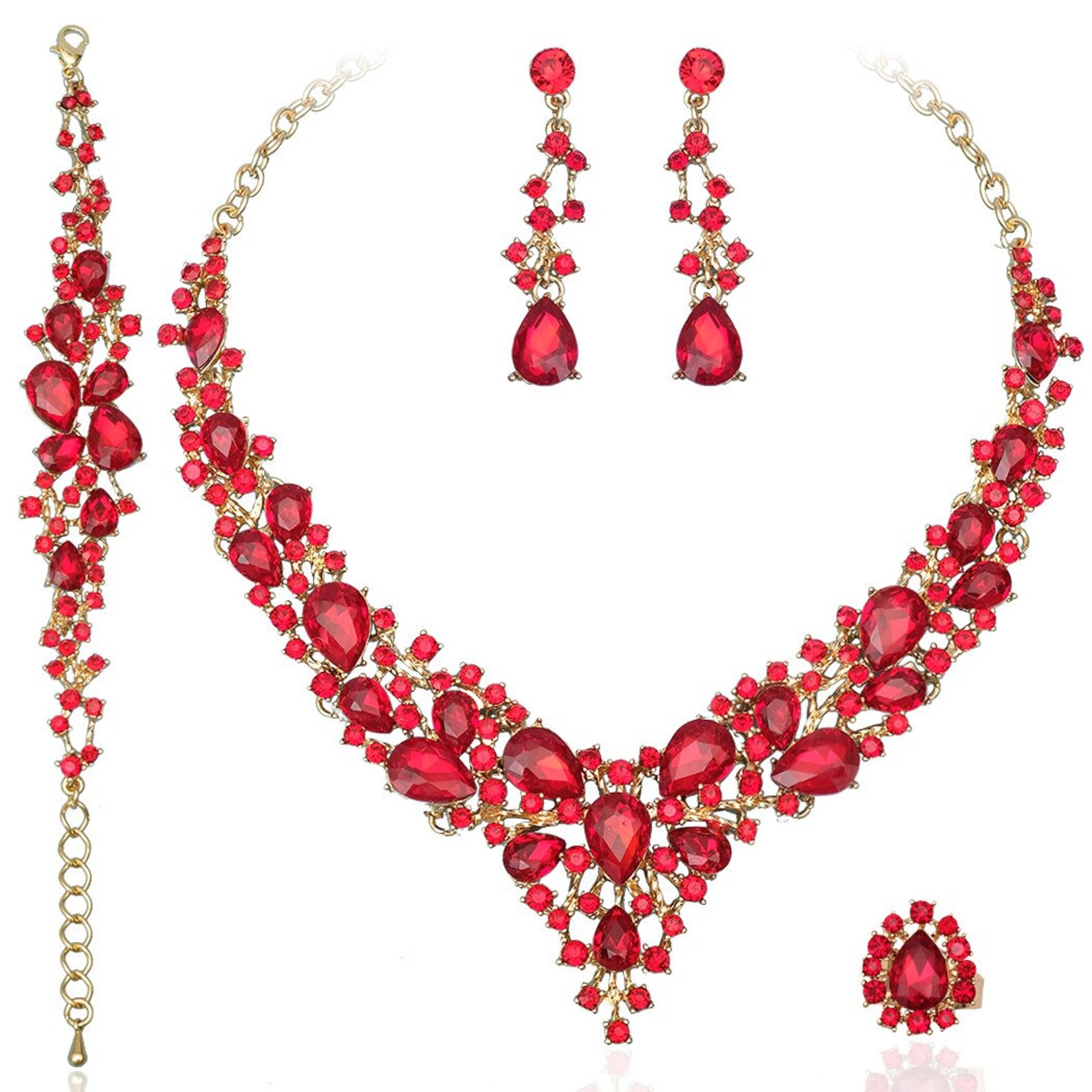 Red Bridal Jewelry Bridal V Shape Necklace Earrings Prom Etsy