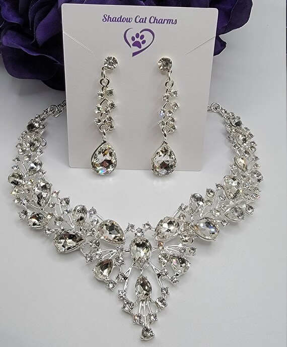 Silver Crystal And Pearl Sparkling Rhinestone Wedding Prom Necklace Earring  Set | eBay