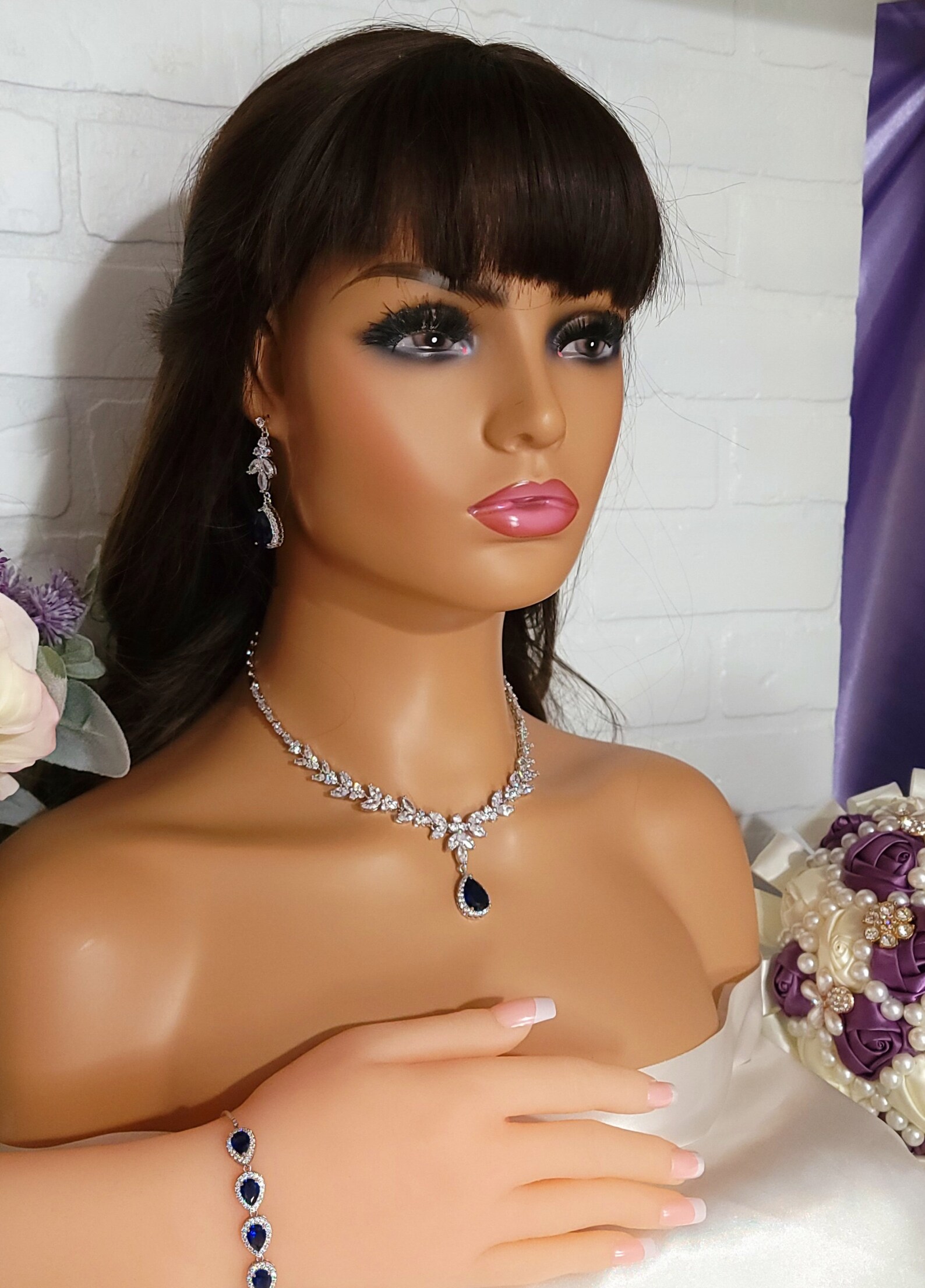 Blue Bridal Jewelry Bridal V Shape Necklace Earrings Prom Etsy