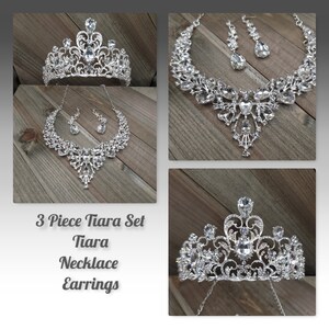 Cenmon Pink Crystal Tiara Jewelry Sets for Girls Party Crown Earrings Necklace Sets Silver Crown Set