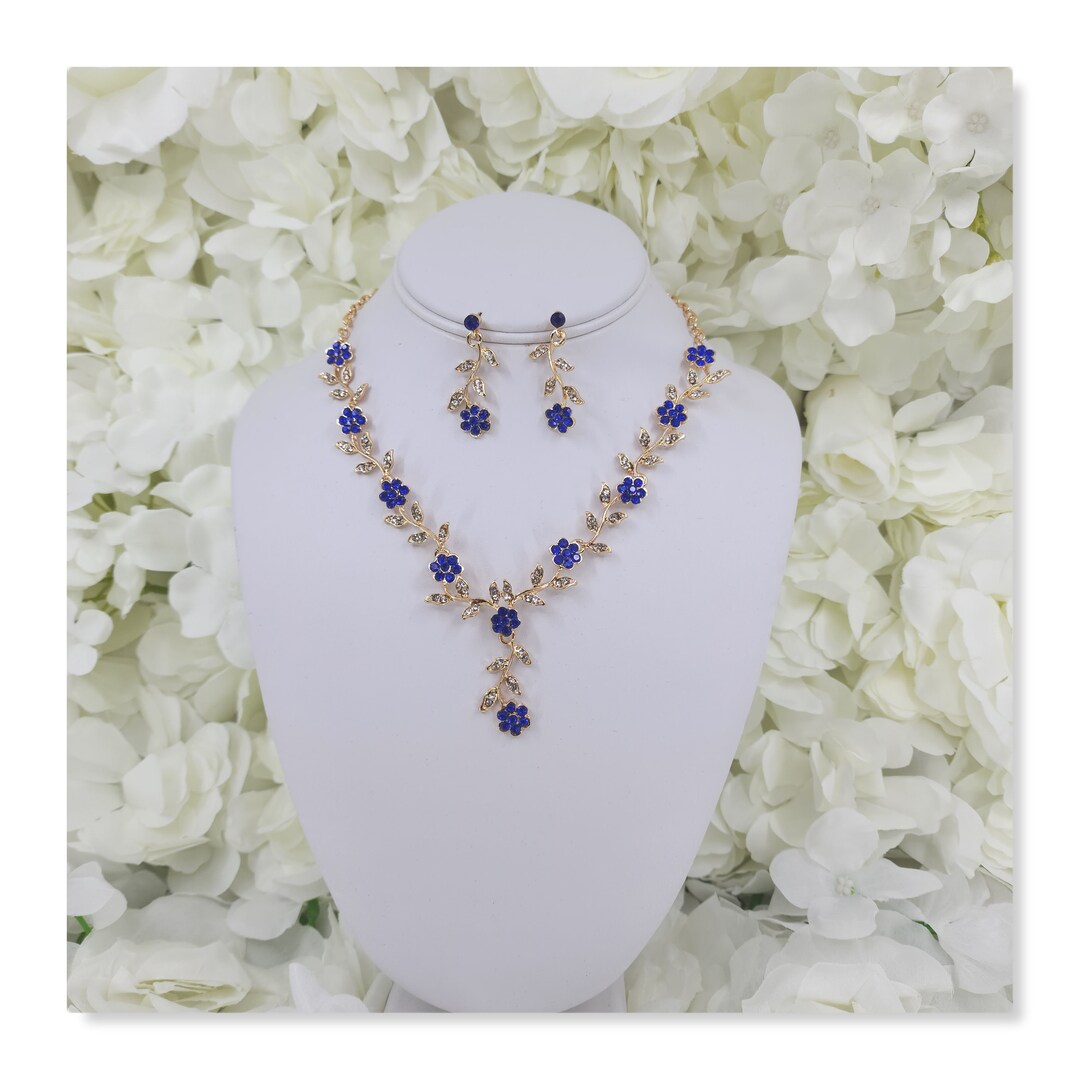 Blue Flower Leaf Crystal Necklace and Earring Set, Quinceanera, Bridal