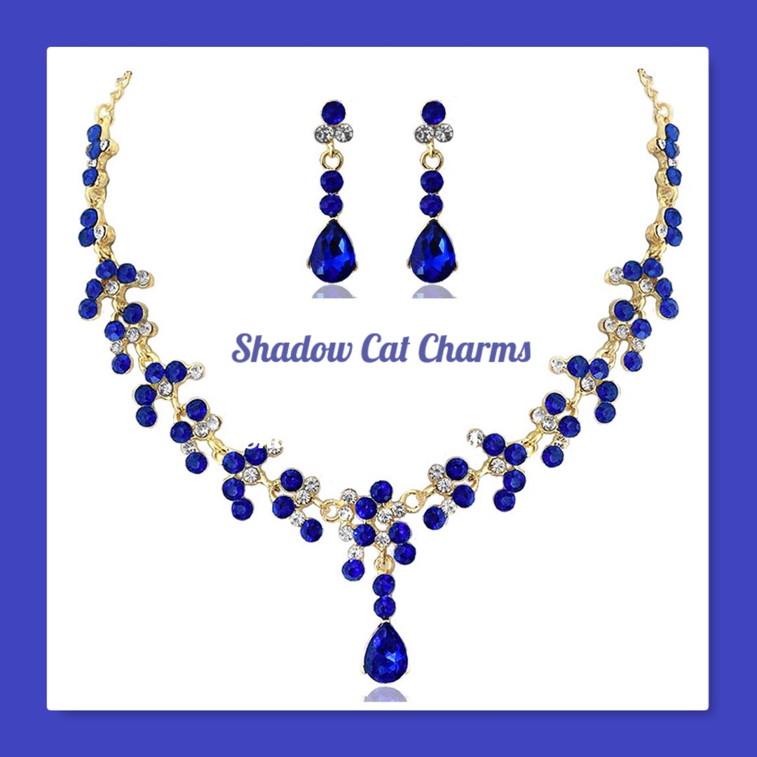 Blue Bridal Necklace Set, Blue Teardrop Wedding Earrings, Tear Drop Pear Cubic Zirconia Earrings