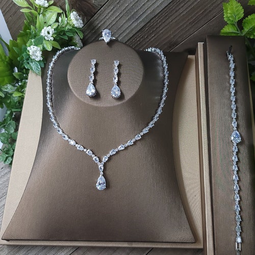 Vine Teardrop Jewelry Set CZ Wedding Necklace Set Bridal Etsy