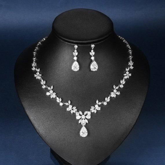 Bridal Necklace and Earring Set Silver Wedding Necklace Earrings